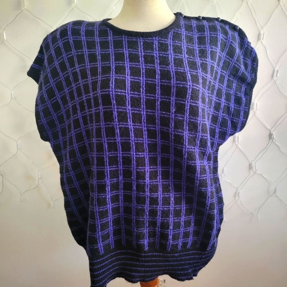 Vintage Evan Picone Pullover Sweater • Black & Purple Checkboard • Size 2X